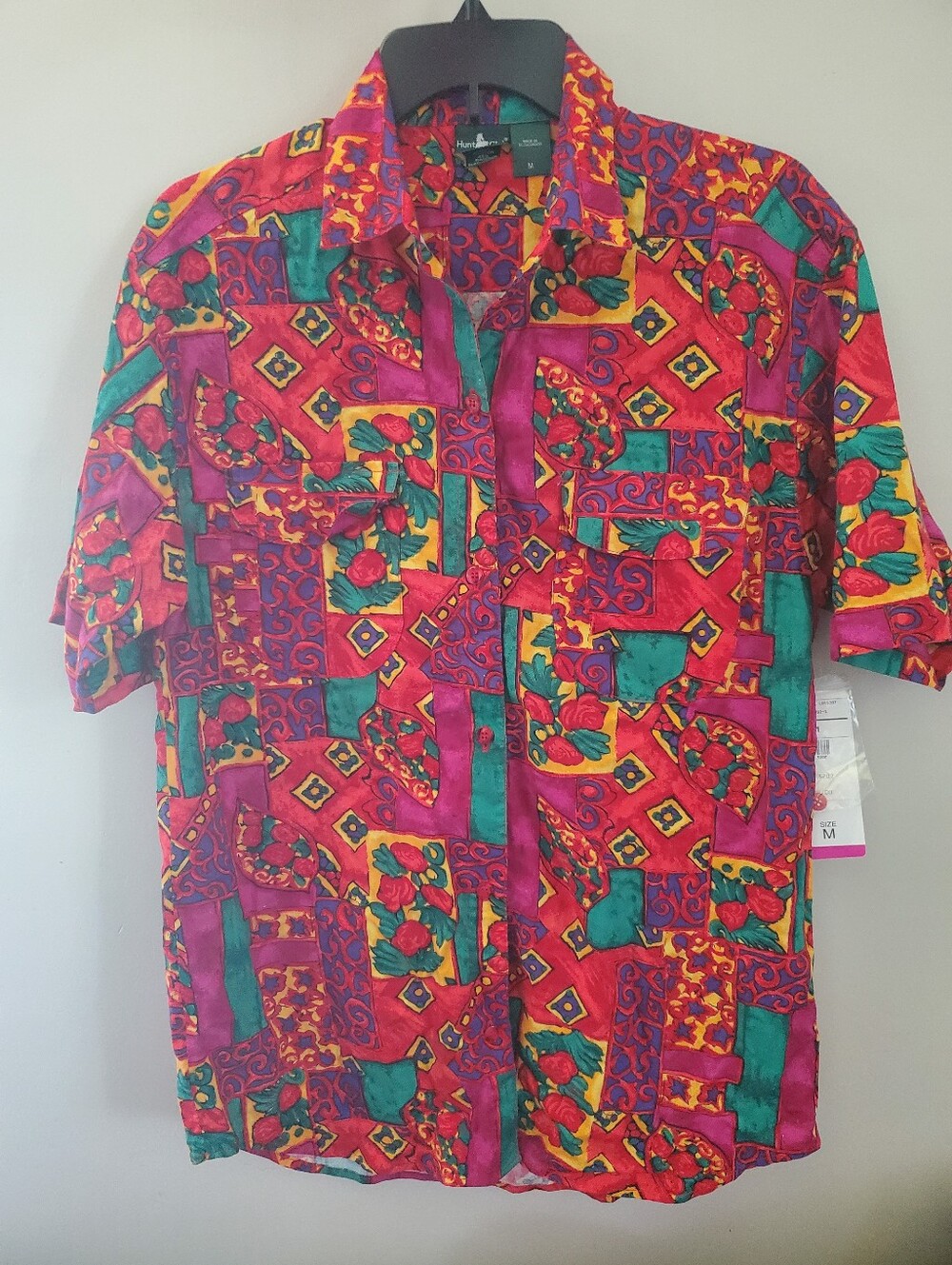 Vintage Hunt Club Red Floral Pop Art Geometric Print Button-Down Shirt
